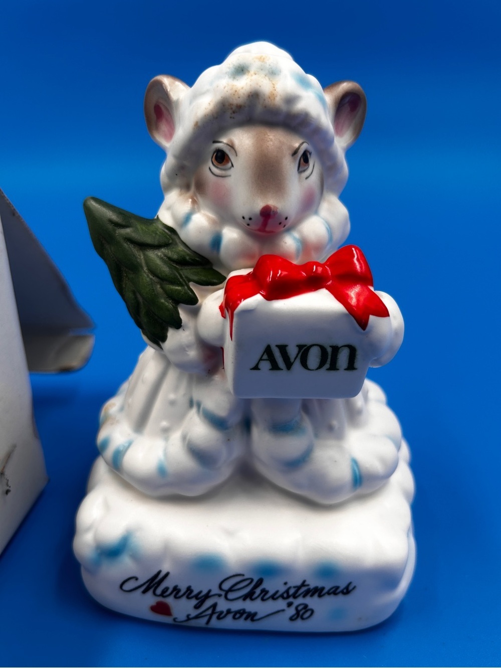 Avon White Lamb Figurine with Red Bow and Green Wings 46 yrs old